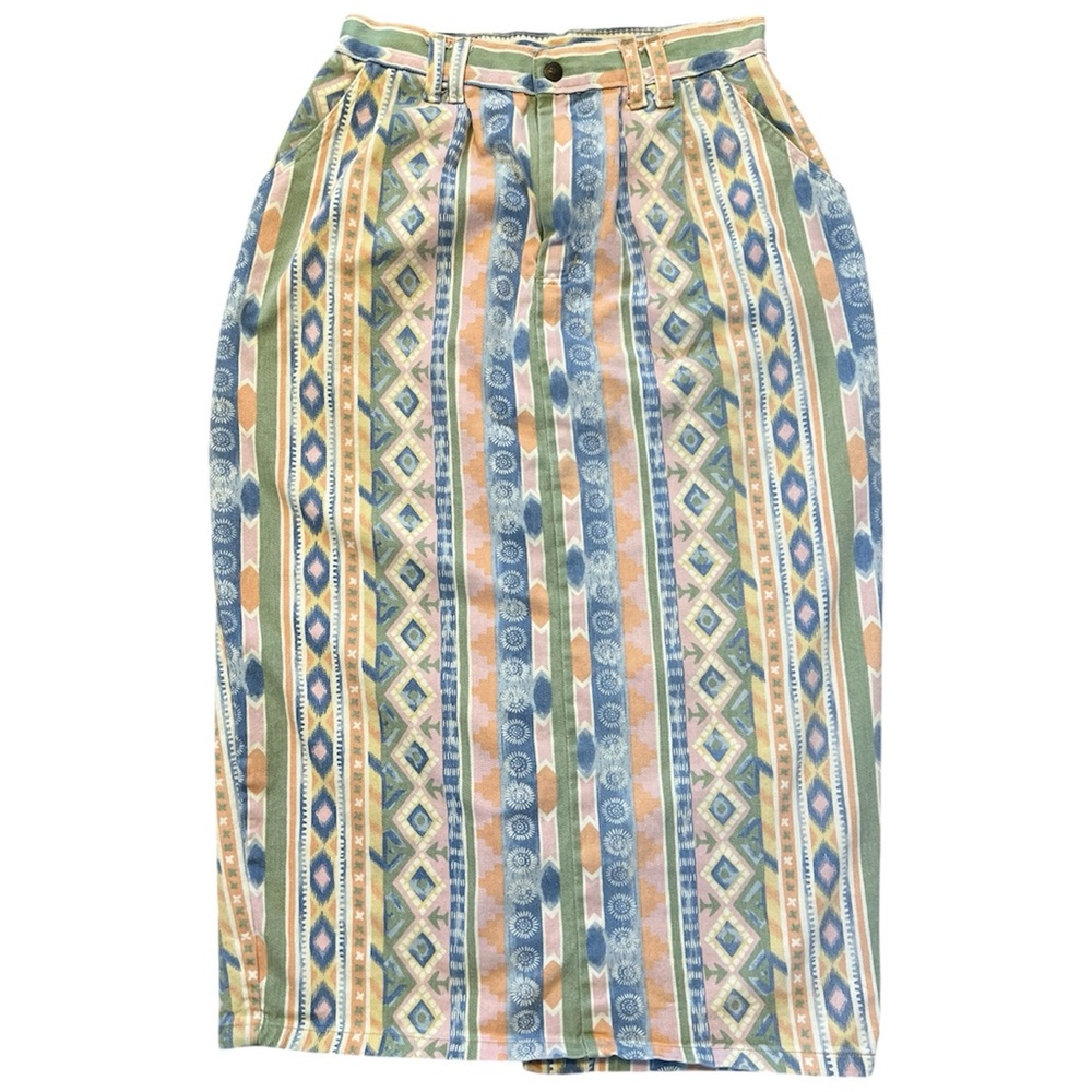 VTG 80s Vivaldi Southwestern Aztec Denim Midi Skirt 8 Made in USA 100% Cotton